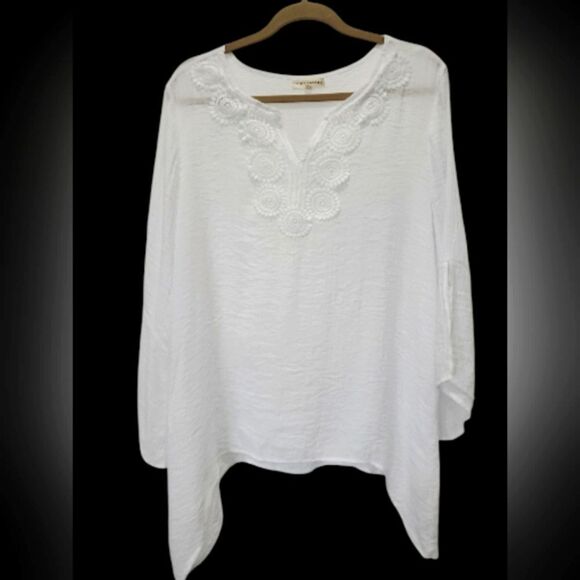 Retrology White Magnolia Gauze Look Crochet Floral  High/Low Trim Tunic Shirt XL - Picture 1 of 6